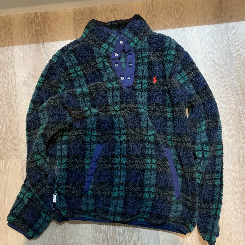 Polo ralph lauren sherpa plaid retro pile quarter snap sweater jacket